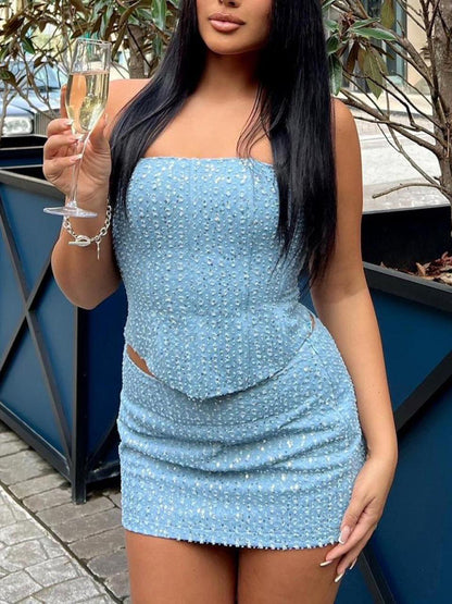 Women's sexy denim sequined slim tube top + skirt suit