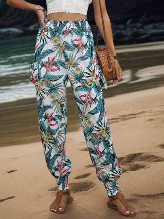 New style casual work pants pocket tropical print leggings trousers