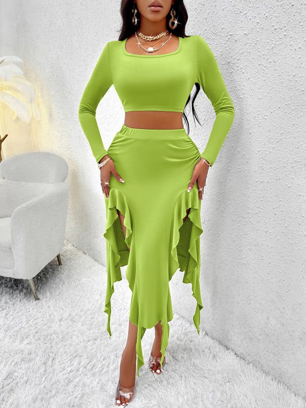 Women's Solid Color Round Neck Long Sleeve Top Ruffled Skirt Suit