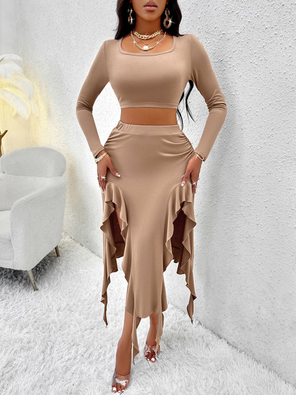 Women's Solid Color Round Neck Long Sleeve Top Ruffled Skirt Suit