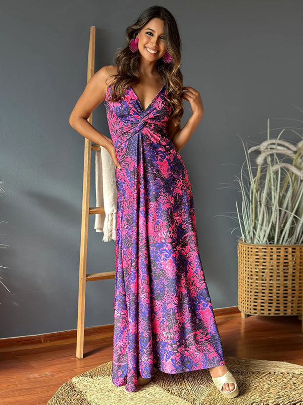 New style suspender v-neck printed elegant A-line long dress