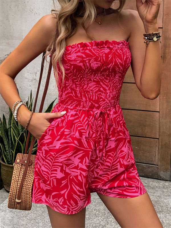 Pink floral one-shoulder elastic printed tube top jumpsuit