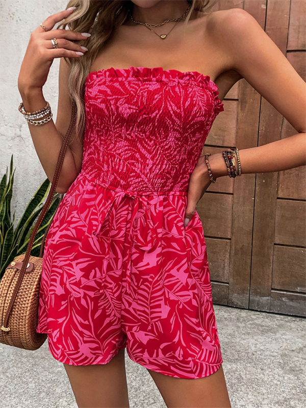 Pink floral one-shoulder elastic printed tube top jumpsuit