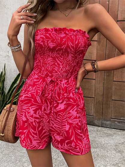 Pink floral one-shoulder elastic printed tube top jumpsuit