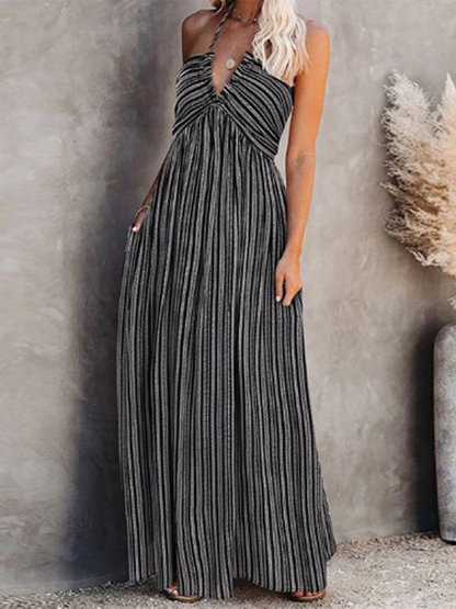 Women's Long Sleeveless Maxi Dress with Stripe Pattern and Adjustable Suspender Straps, Elastane/Spandex Material, Spring-Summer - Fabric, Cotton