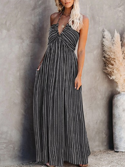 Women's Long Sleeveless Maxi Dress with Stripe Pattern and Adjustable Suspender Straps, Elastane/Spandex Material, Spring-Summer - Fabric, Cotton