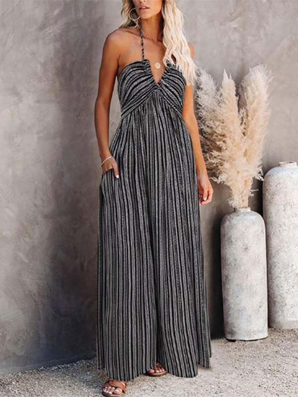 Women's Long Sleeveless Maxi Dress with Stripe Pattern and Adjustable Suspender Straps, Elastane/Spandex Material, Spring-Summer - Fabric, Cotton