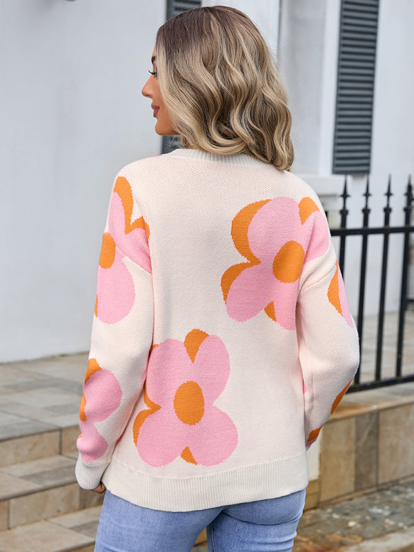 Women's round neck fashionable big flower sweater