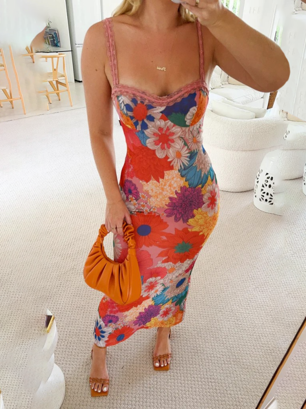 New Fashion Casual One-shoulder Flower Printed Suspender Dress