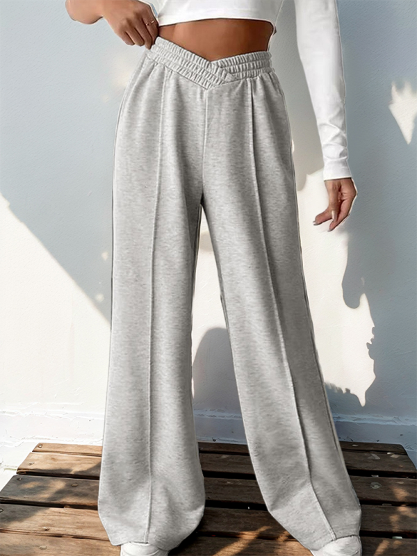 New women's casual elastic V-neck high waist stitching wide leg pants