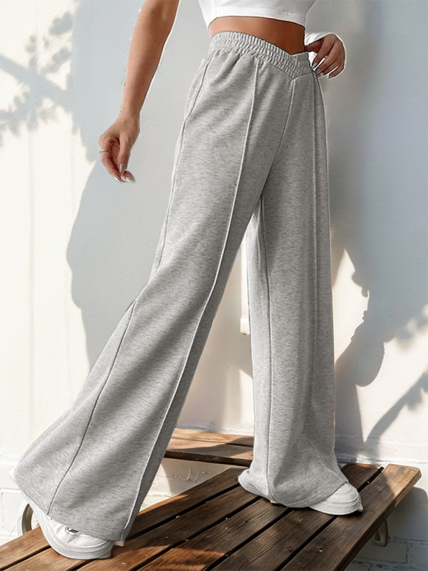 New women's casual elastic V-neck high waist stitching wide leg pants